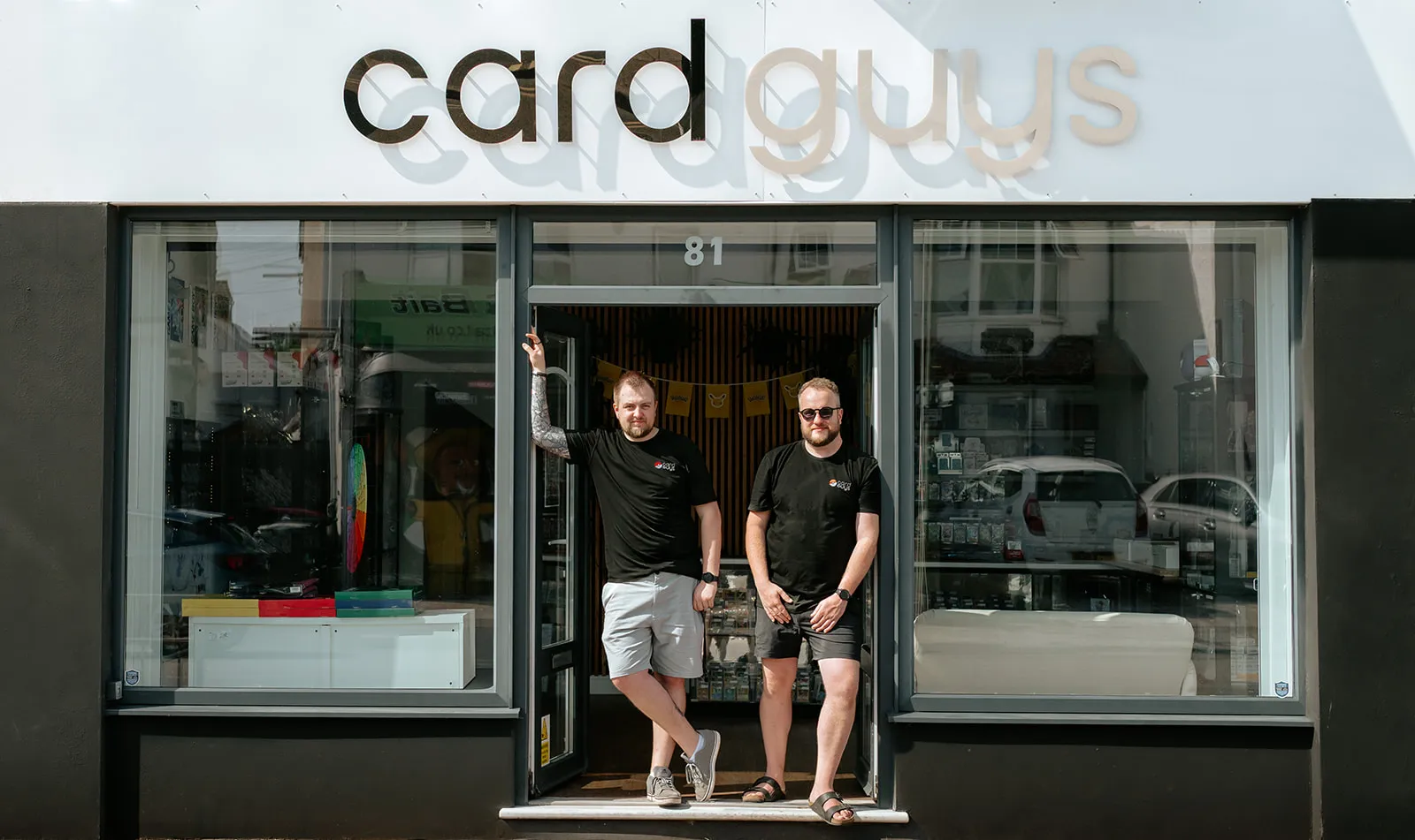 Jake and Dan outside Card Guys in Paignton